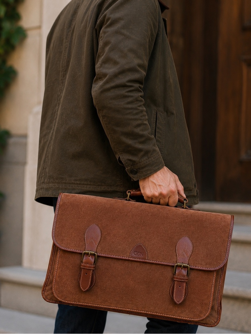 GoN Vintage Leather Suede Briefcase Messenger Bag Brown Plaid Lined 17”
